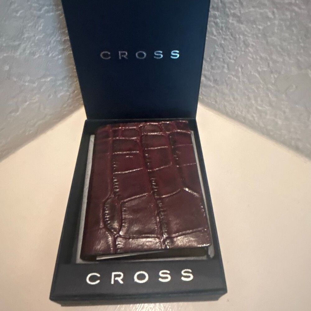 Cross Brand Croc Embossed Brown Leather Bifold Wallet Minimalist New In Box